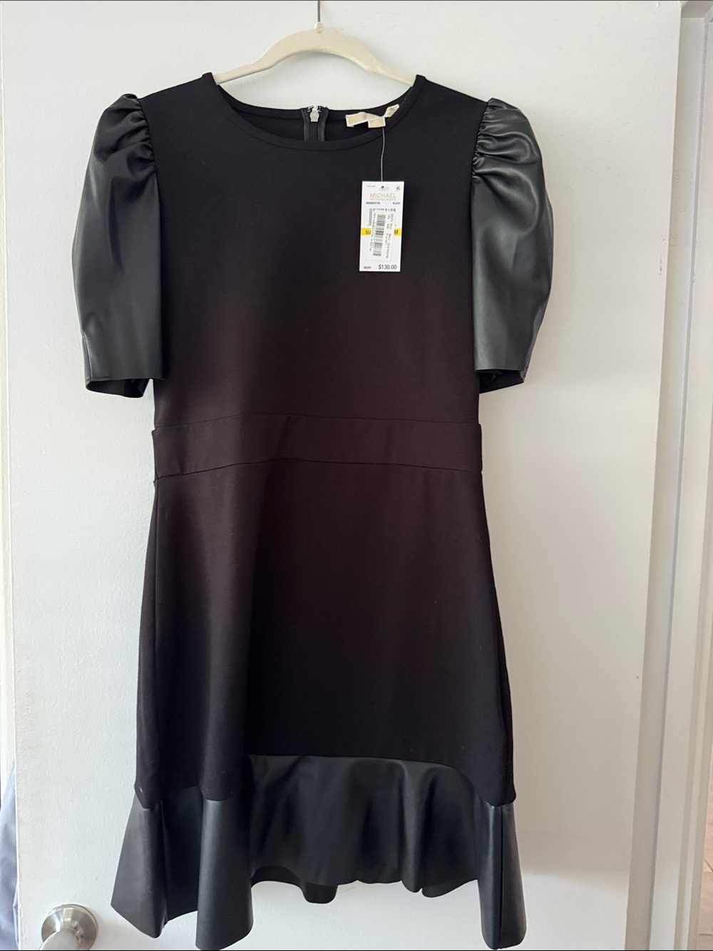 Michael Kors Black Mini Dress with Faux-Leather Puff Sleeves